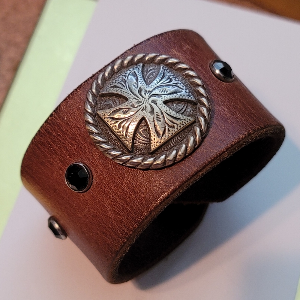 Brown Leather Western Biker Cuff Bracelet
